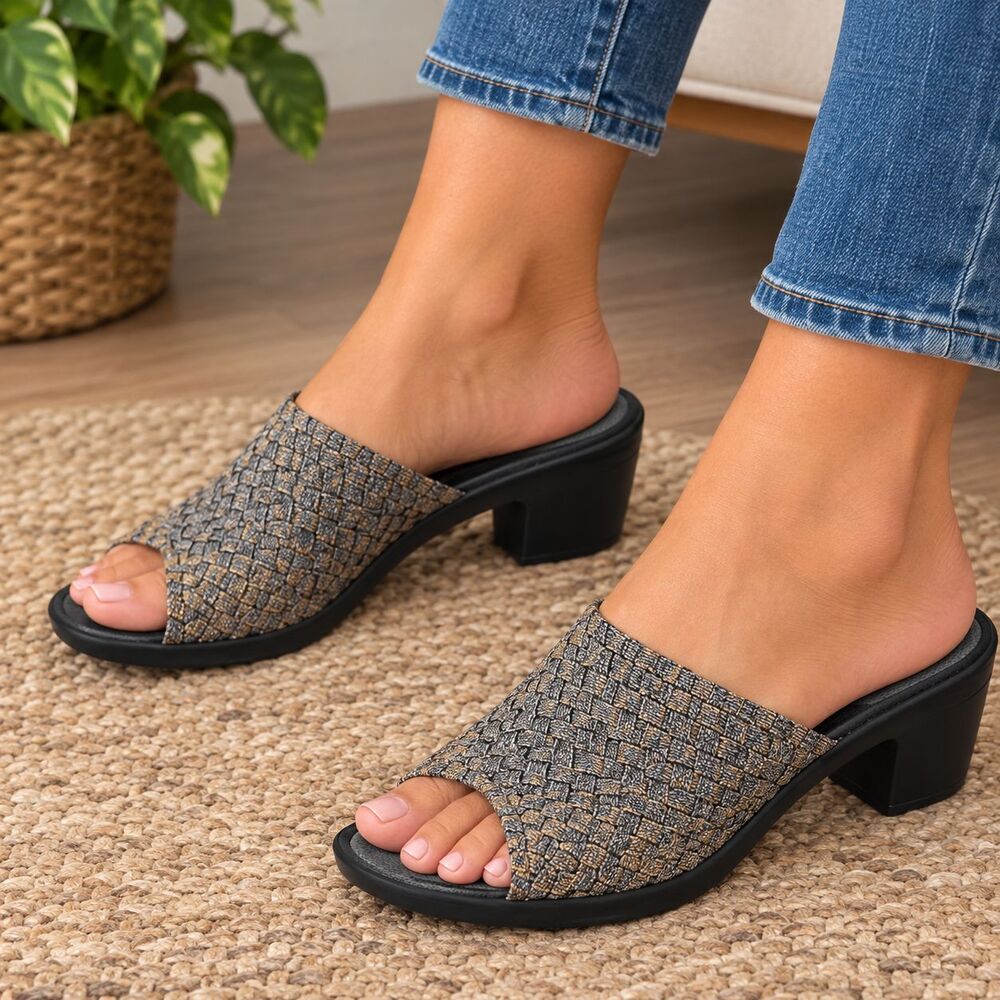 Bernie Mev Women's Gray Gold Shimmery Woven Synthetic Slide Sandals Slip On 7